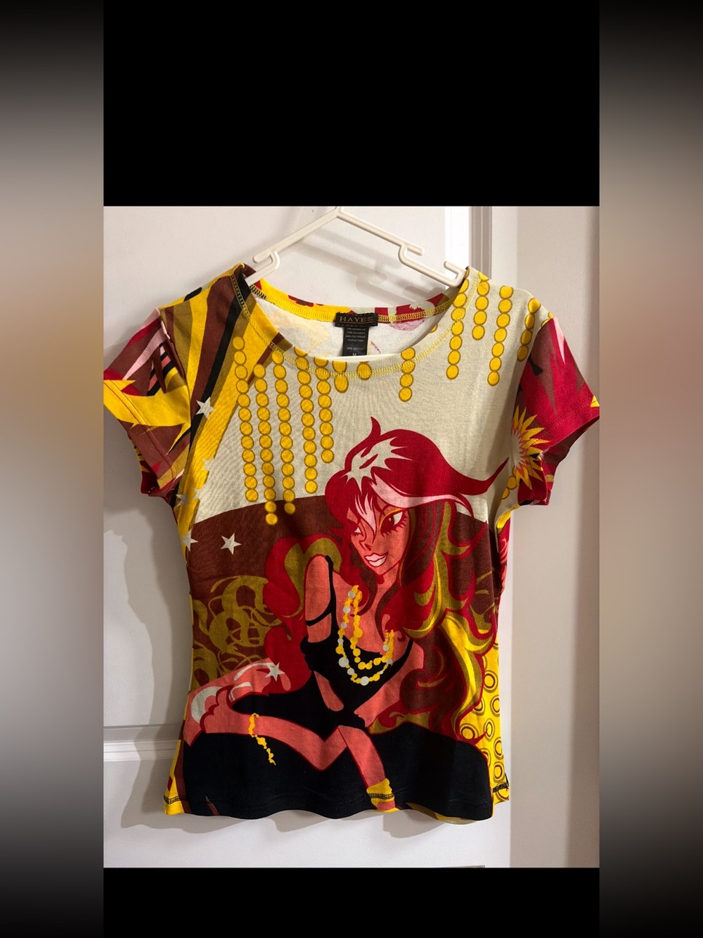 Hayes Custo Barcelona Graphic Short Sleeve Women’s Tee in Red, Yellow & Black